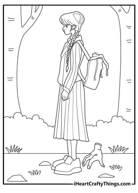 wednesday addams walking through a spooky forest coloring sheet