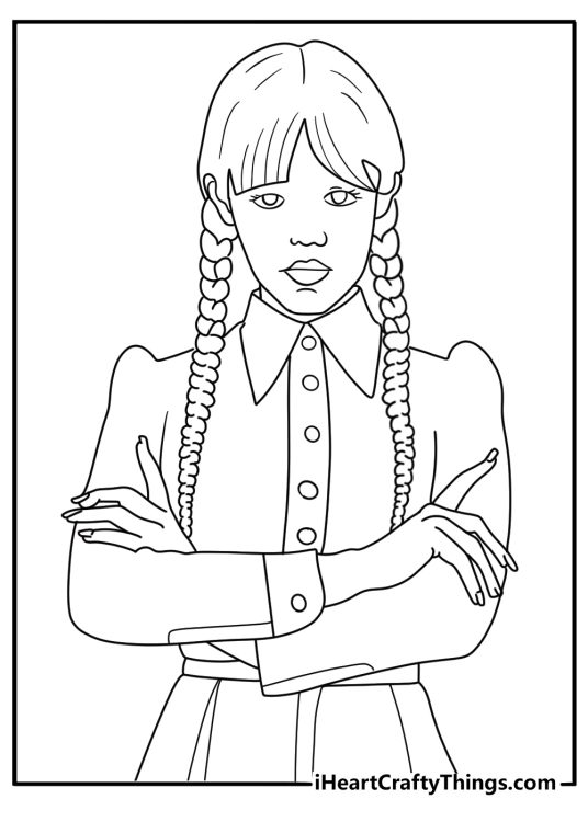 wednesday addams with braids in gothic outfit detailed coloring page