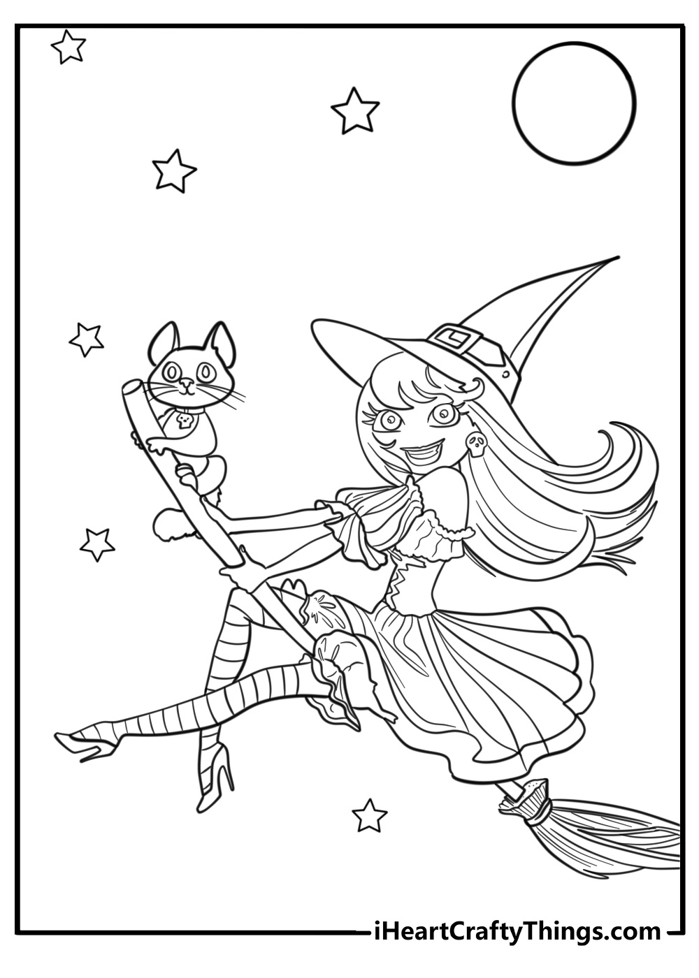 Witch and her magical familiar cat to color