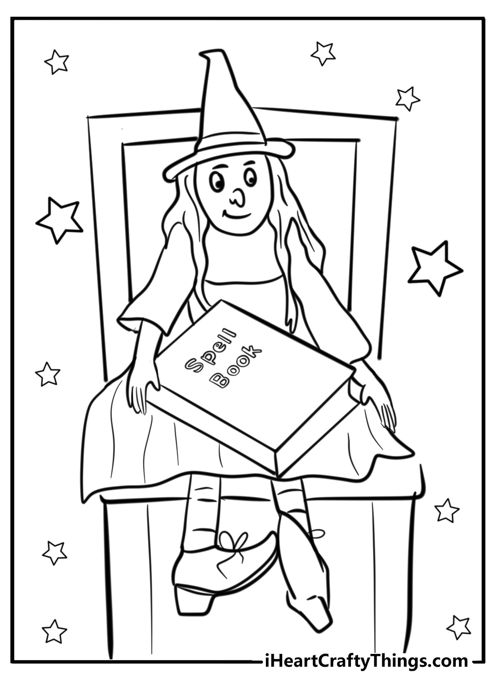 Witch and her spell book coloring page