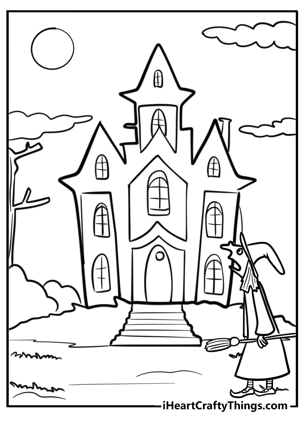 Witch exploring in front of a haunted mansion coloring sheet