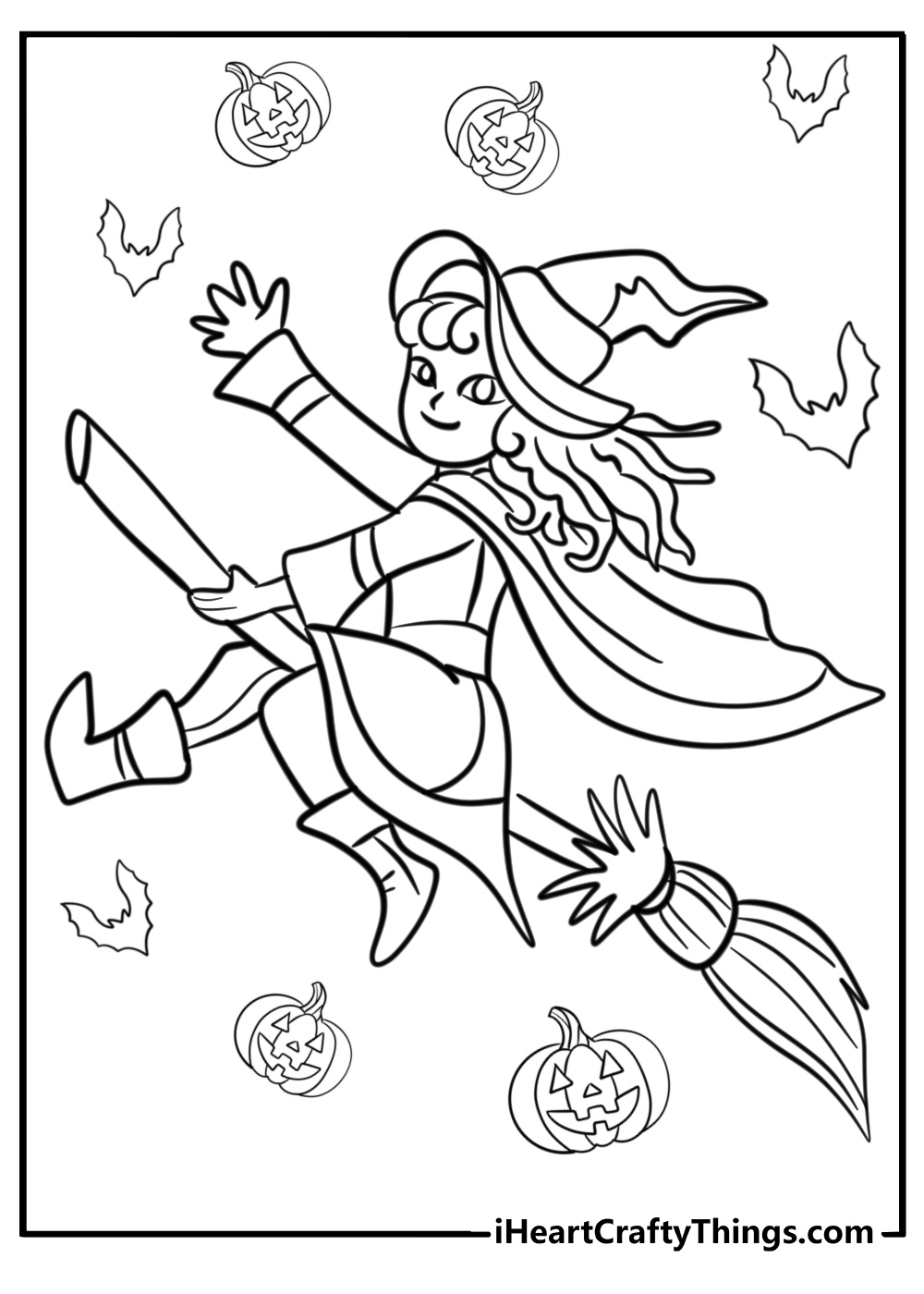 Witch flying on a broom detailed Halloween coloring sheet