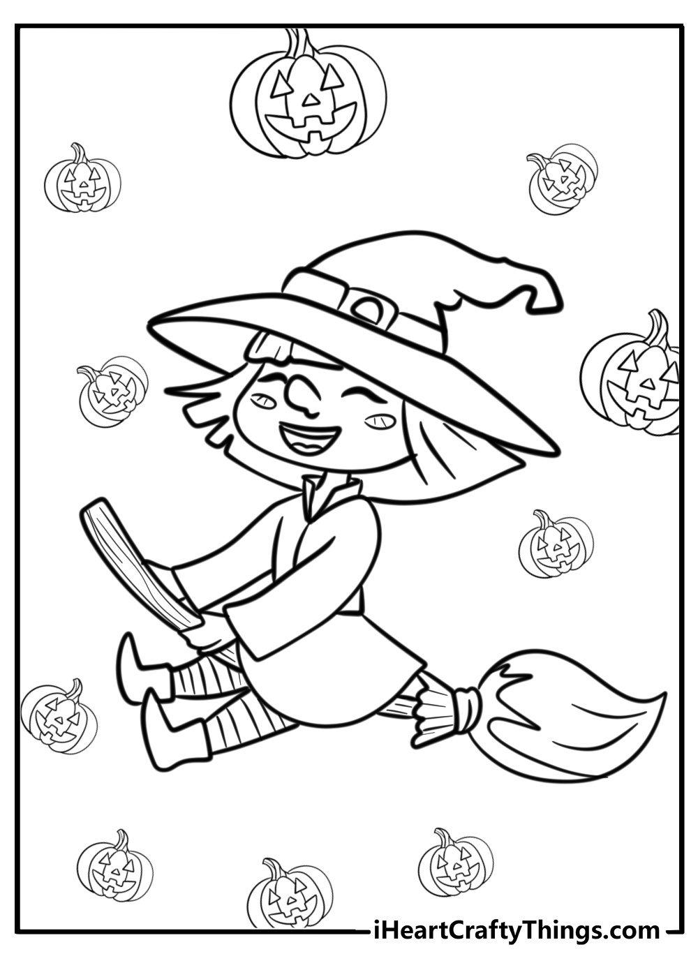 Witch flying over a full moon free Halloween coloring page pdf