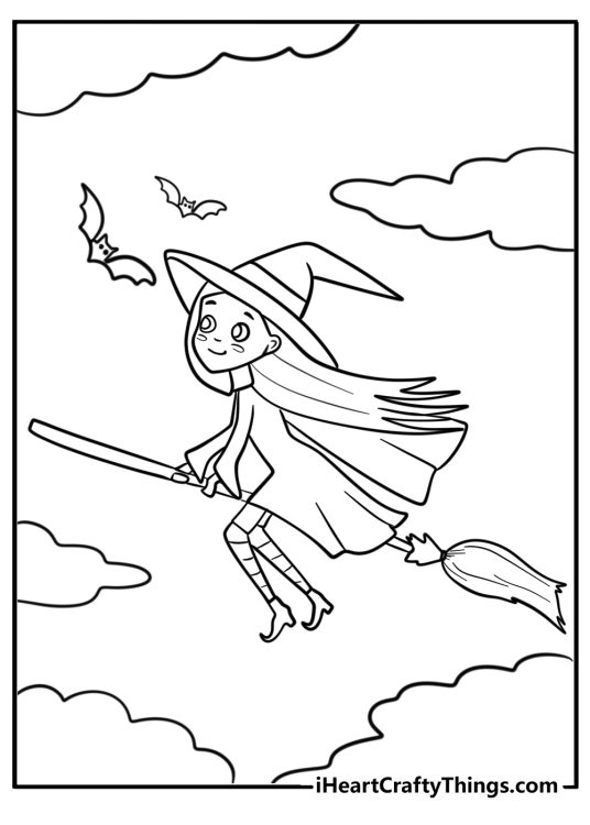 Witch flying with her pet bat coloring sheet