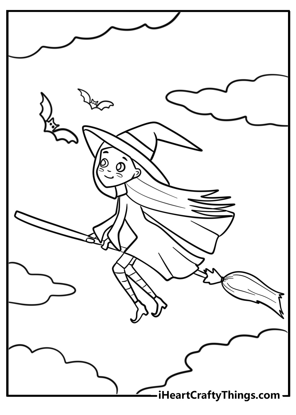 Witch flying with her pet bat coloring sheet