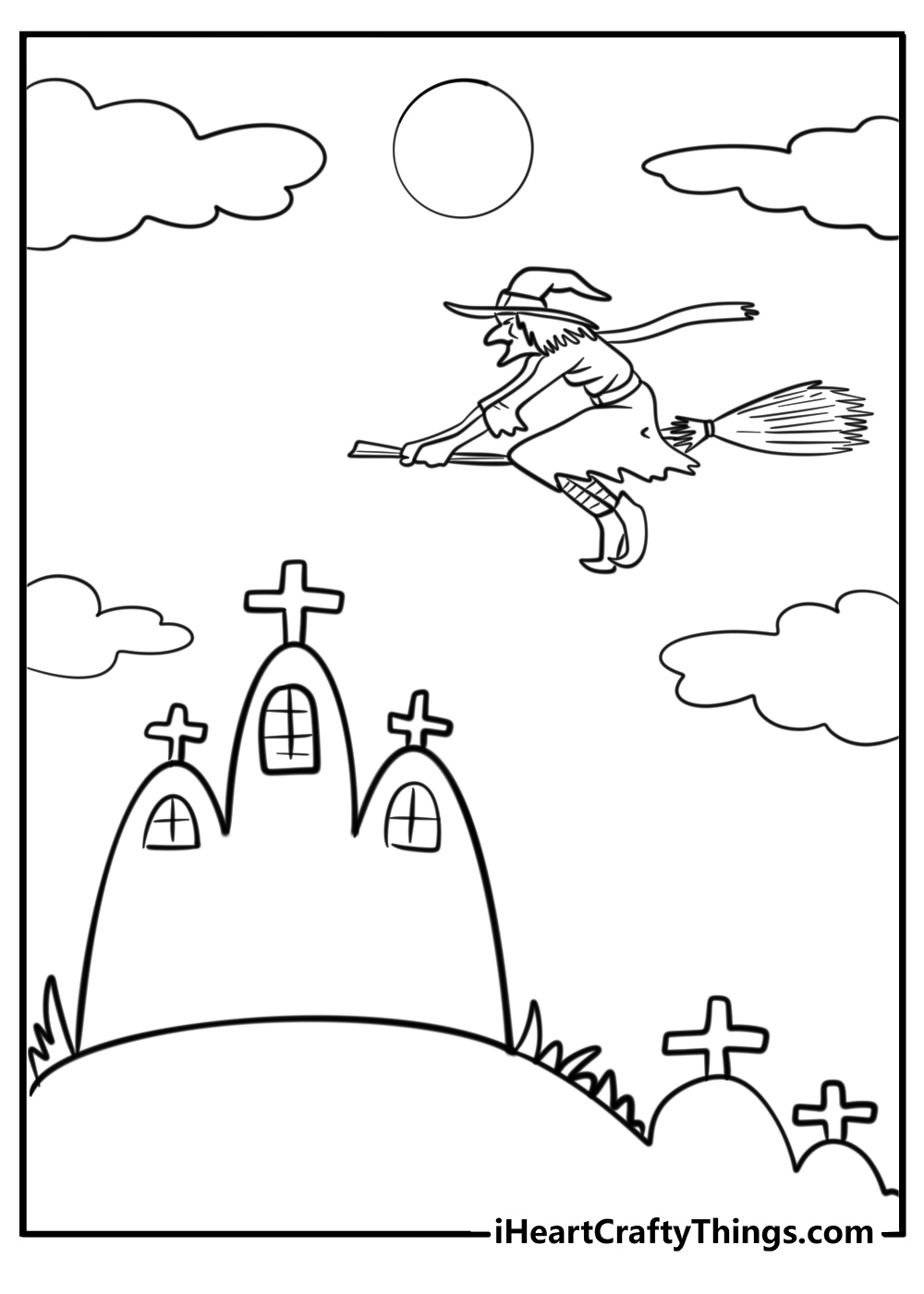 Witch in a spooky graveyard coloring sheet