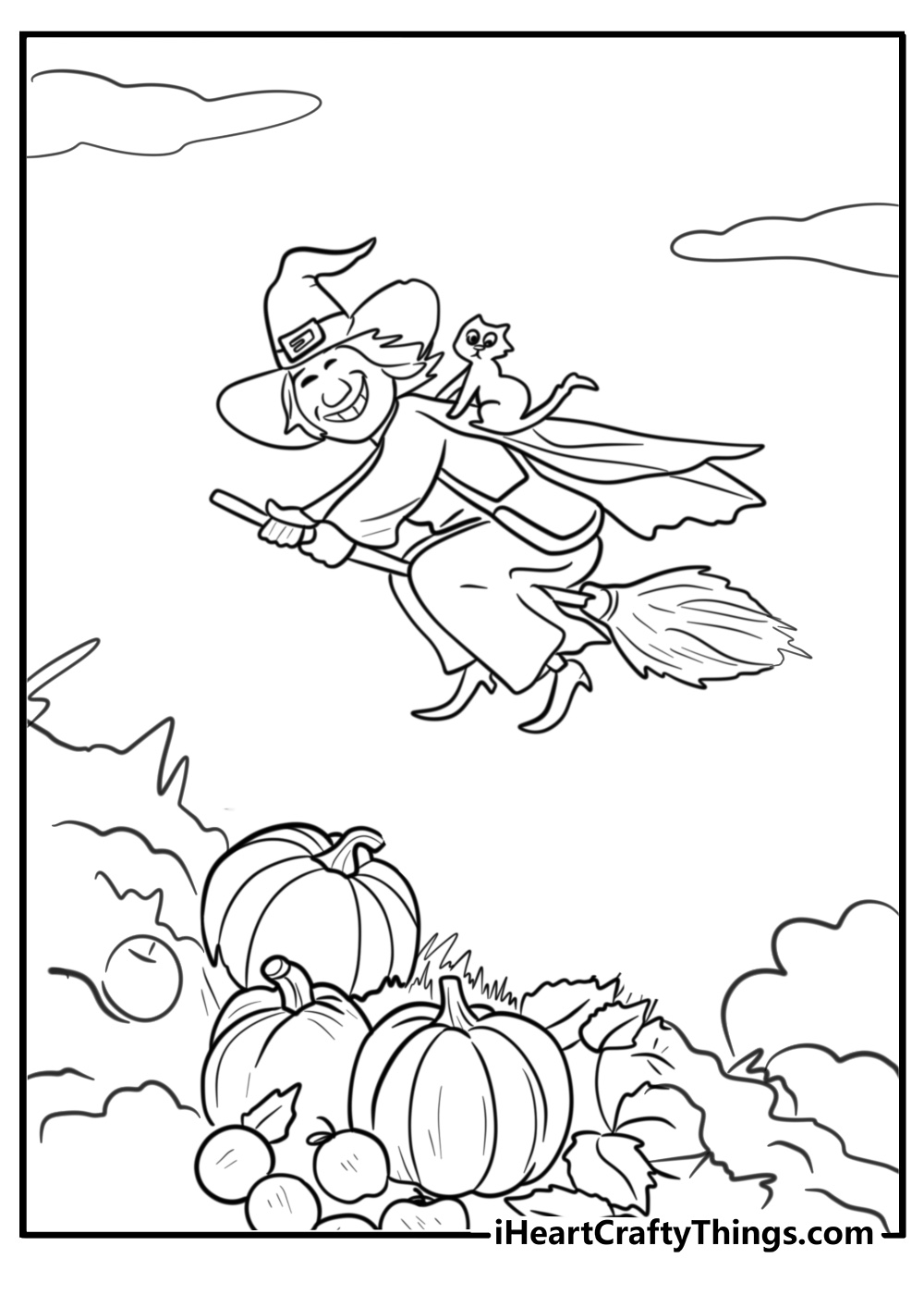 Witch riding a broomstick over a pumpkin patch