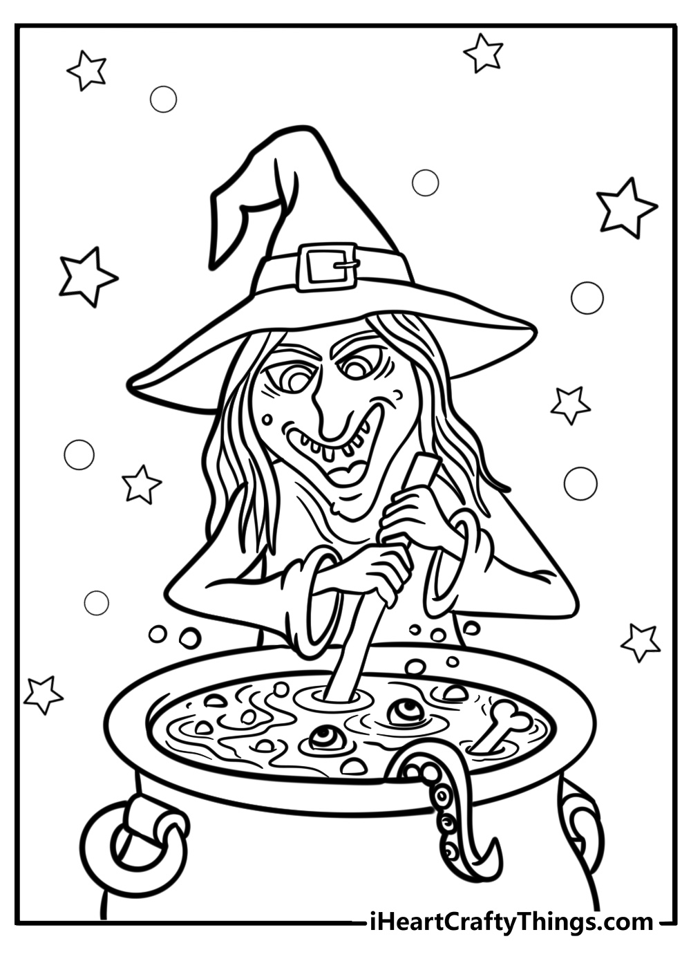 Witch stirring a bubbling cauldron to color