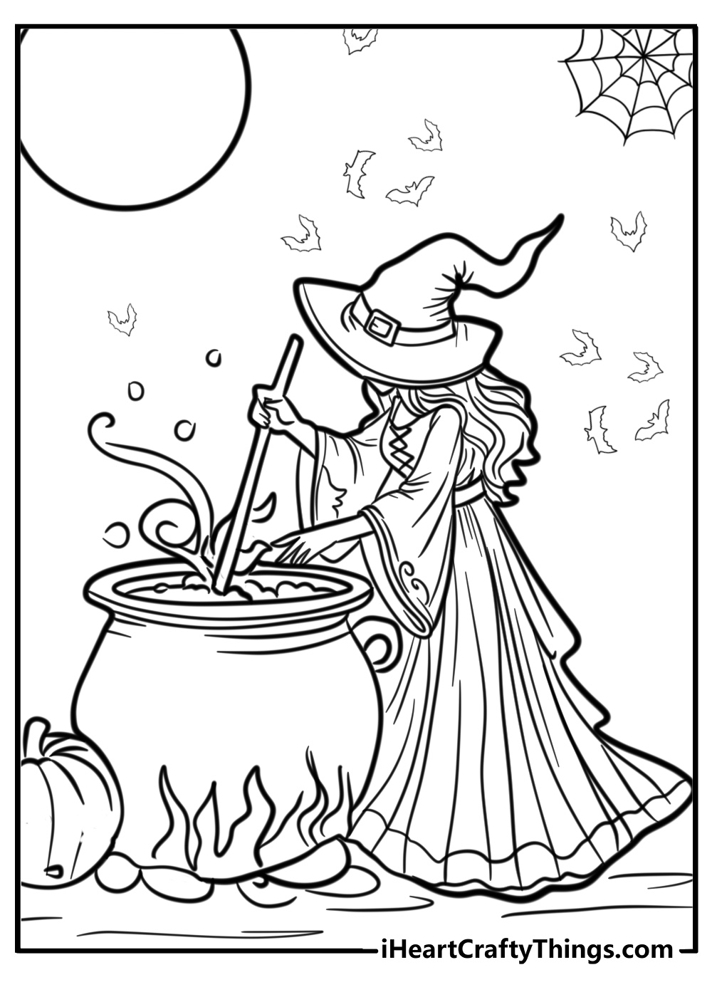 Witch stirring a potion in a cauldron detailed coloring sheet