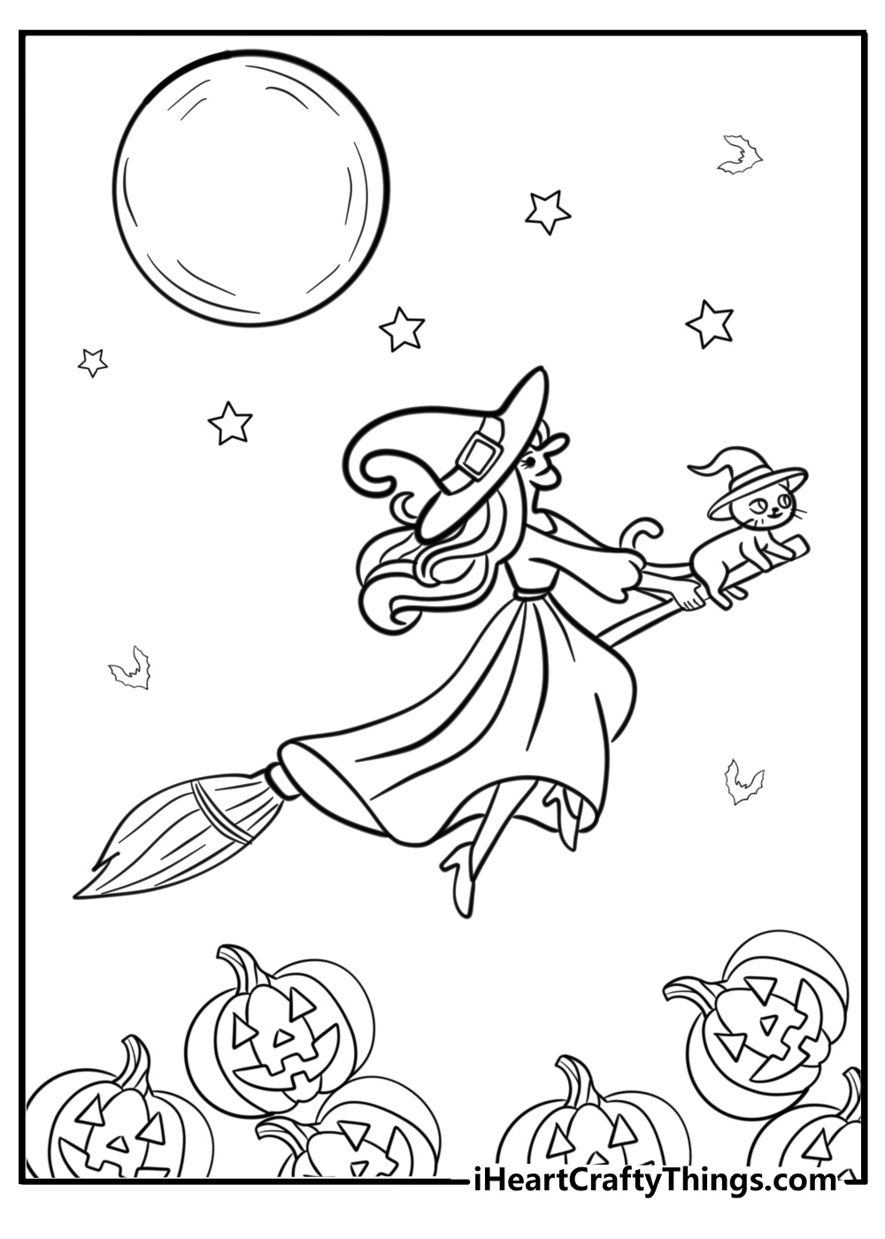 Witch with a black cat on Halloween coloring page