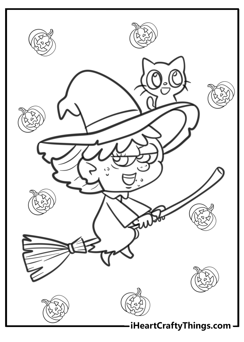 Witch with a broom and black cat fun coloring sheet for Halloween