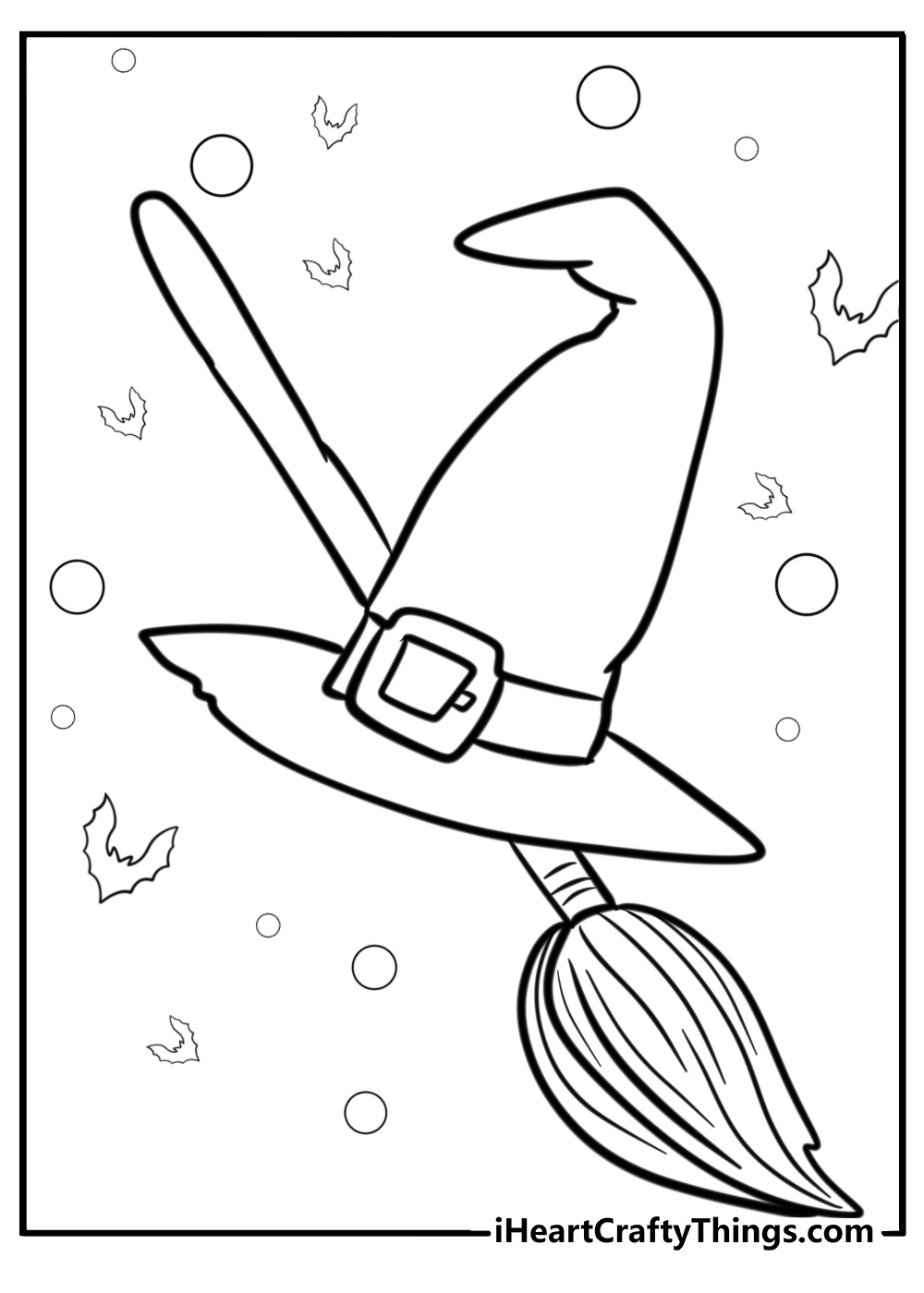 Witch's hat and broom fun Halloween coloring sheet