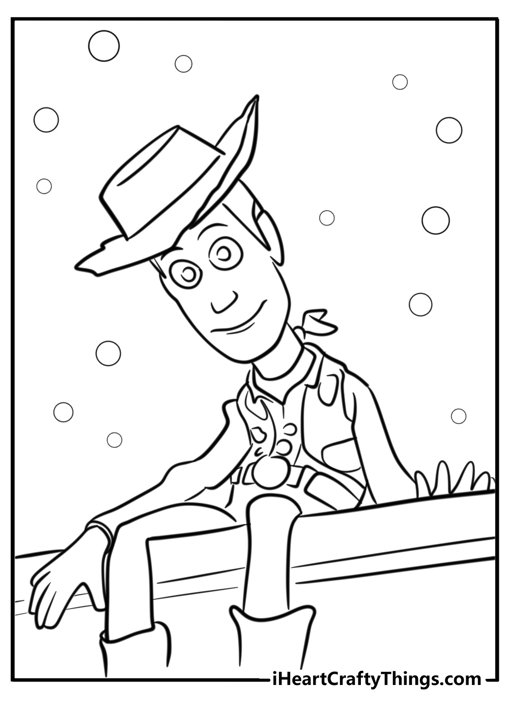 Woody coloring page sitting on the edge of a table