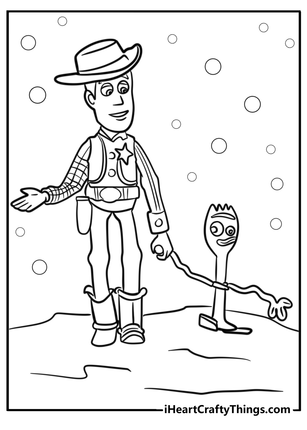 Woody coloring page with forky for kids