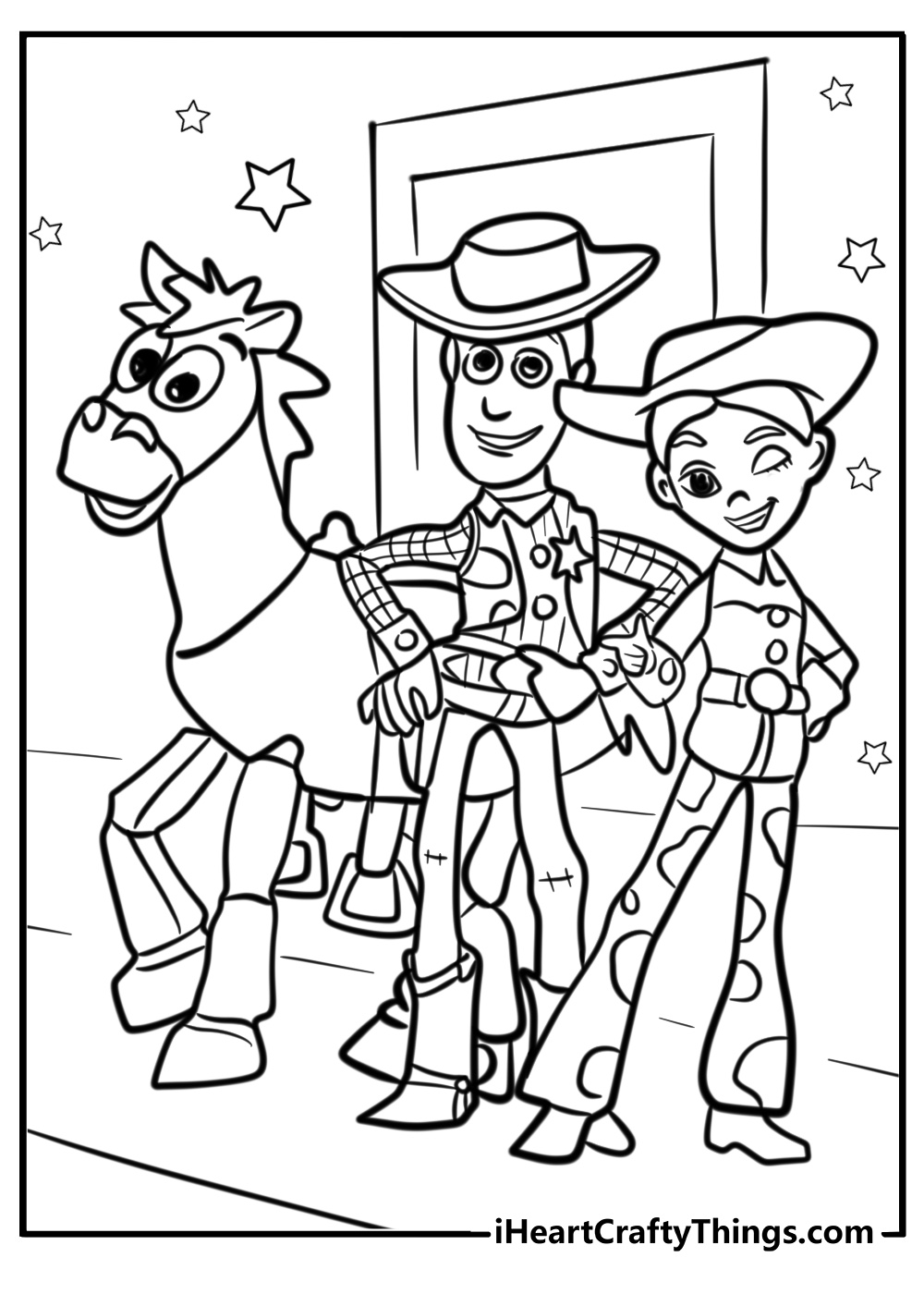 Woody coloring page with jessie and bullseye on andy's bed