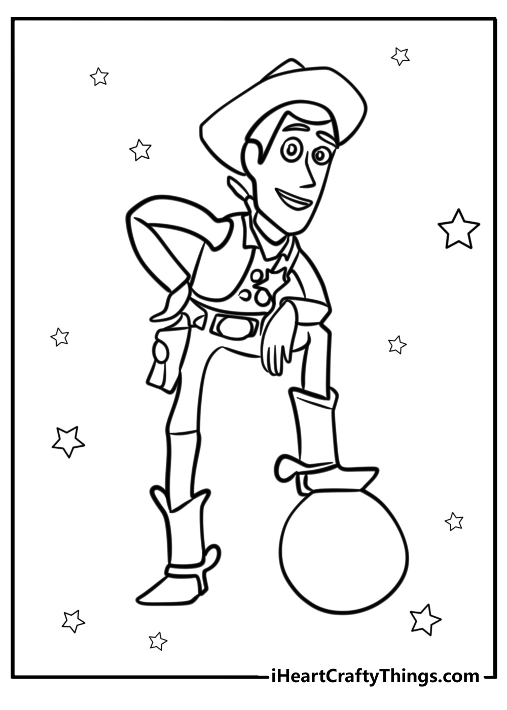 Woody coloring page with one foot on a toy ball for kids