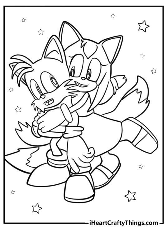 Printable coloring page featuring Zooey and Tails embrace with stars in the background