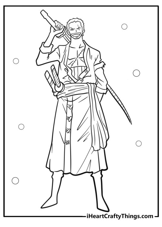 Free coloring sheet featuring One Piece character Zoro posed with his three swords