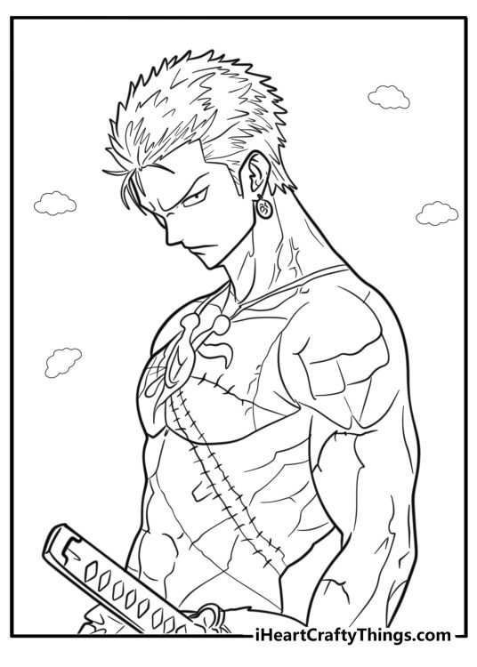 One Piece-themed coloring picture for adults presenting intricate close-up portrayal of Zoro