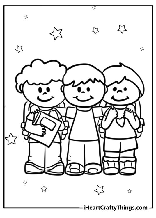Free coloring printable depicting three best friends with backpacks standing together with stars all around them