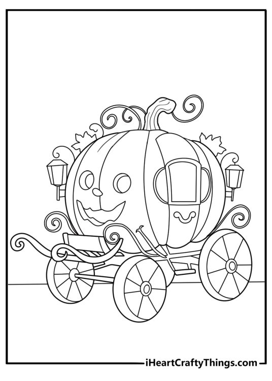 Cute gothic pumpkin carriage with hanging lanterns fun coloring page pdf download
