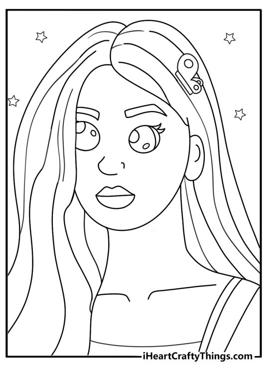 Cute kawaii Olivia Rodrigo portrait with butterfly clips and heart doodles easy coloring page