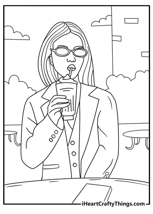 Detailed coloring sheet of Olivia Rodrigo at vintage diner table with milkshake and notebook