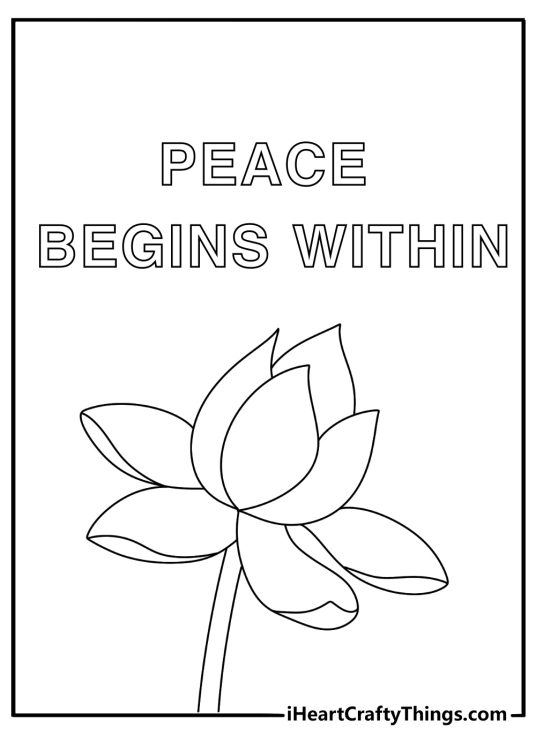 Detailed inspirational quote coloring page with the words Peace begins within around lotus flowers
