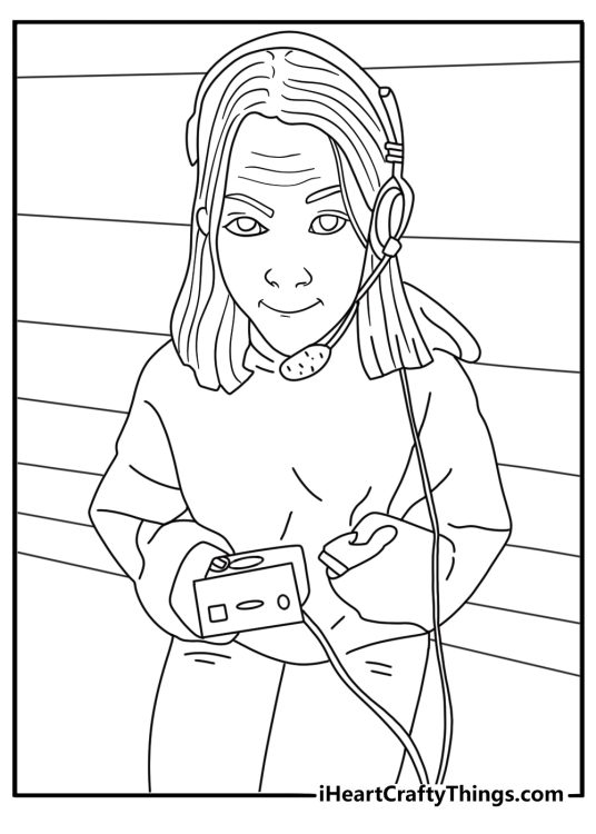 Easy coloring page of Olivia Rodrigo with retro headphones and cassette player