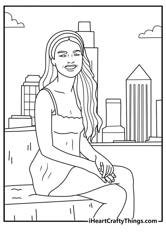 Free printable Olivia Rodrigo seated on rooftop with city skyline line art