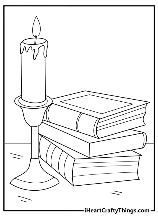Gothic alchemy table with candles old books and glass vials detailed coloring sheet