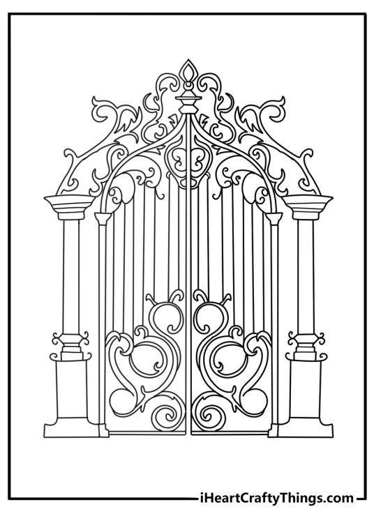 Gothic iron gate with intricate patterns free printable coloring page pdf
