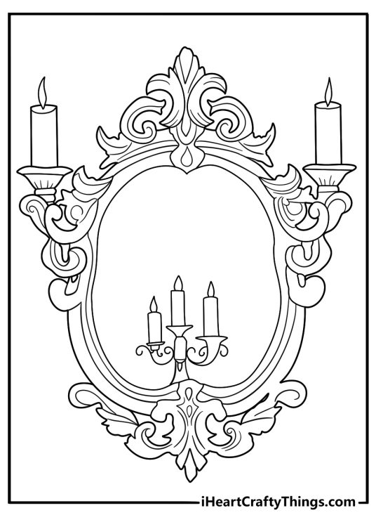 Gothic mirror with ornate frame and candles printable coloring page for adults
