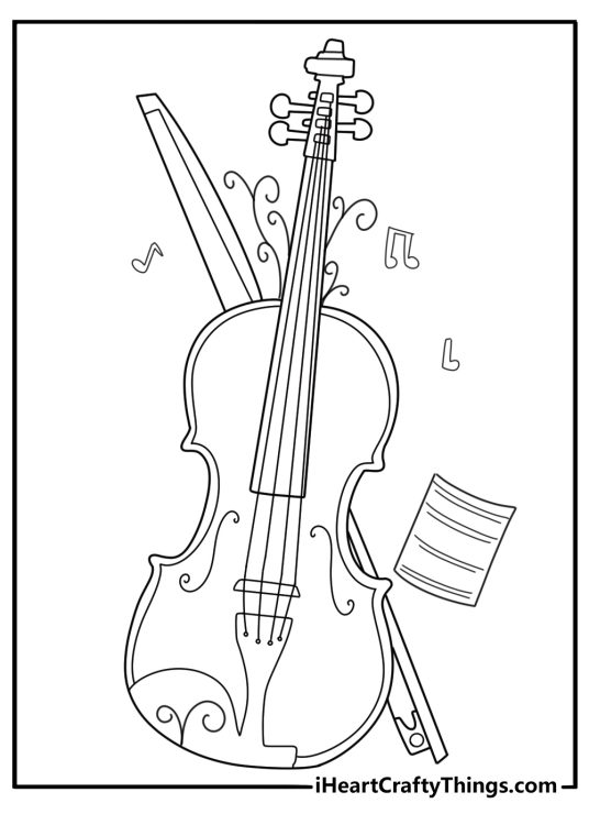 Gothic violin with thorny vines and sheet music artistic coloring page for teens