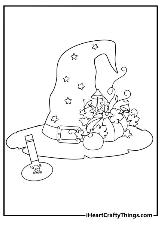 Gothic witch hat with lace ribbon and potion bottles fun printable coloring sheet