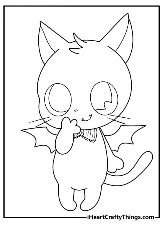 Kawaii gothic cat with tiny fangs and lace bow easy coloring sheet for kids