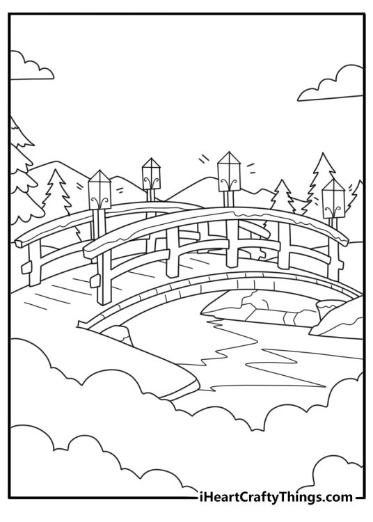 Moonlit gothic bridge over misty river simple coloring page to download