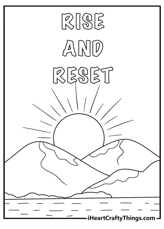 Motivational quote coloring sheet for adults with the words Rise and reset in sunrise art