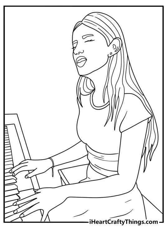 Olivia Rodrigo coloring page with grand piano in rehearsal room simple printable for kids