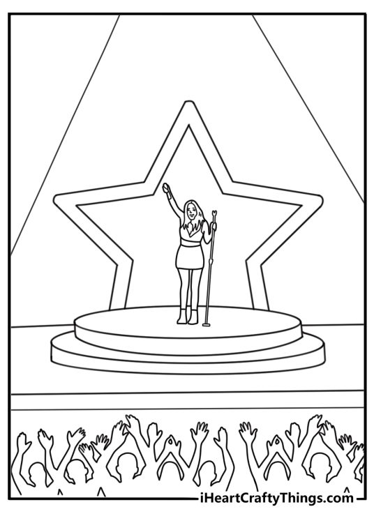 Olivia Rodrigo coloring page with star shaped stage lights and crowd silhouettes