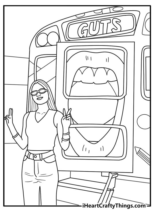 Olivia Rodrigo in tour bus lounge with acoustic wall panels detailed coloring sheet for adults