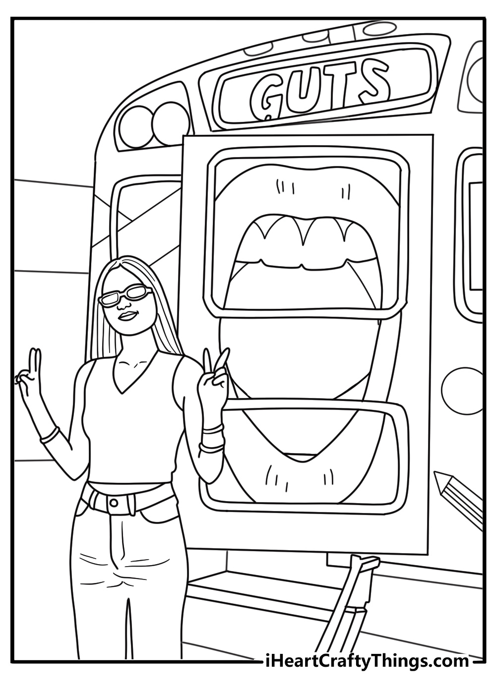 Olivia Rodrigo in tour bus lounge with acoustic wall panels detailed coloring sheet for adults
