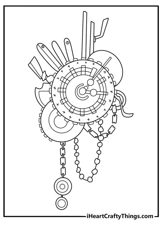 Steampunk gothic clock tower with gears and chains detailed pdf coloring page