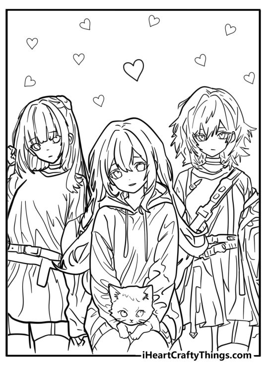 Detailed picture featuring three best friends drawn in anime style with the central one holding cat on the knees