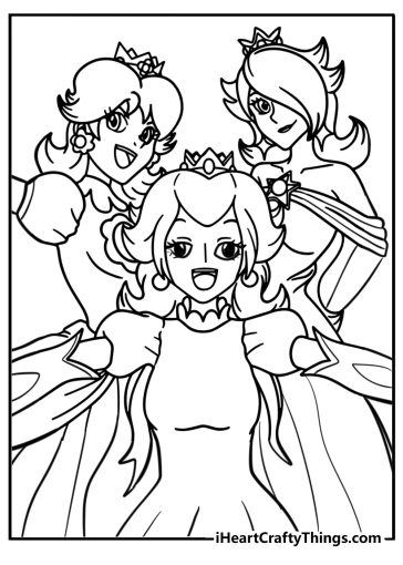 Anime style rosalina with peach and daisy printable to color