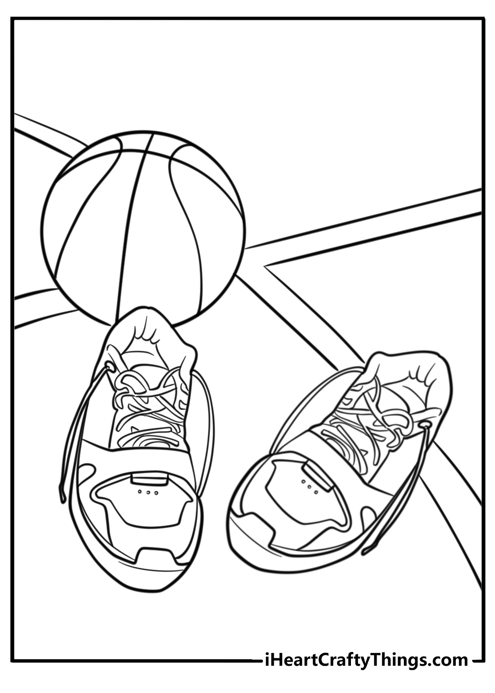 Basketball shoes on the court printable coloring page