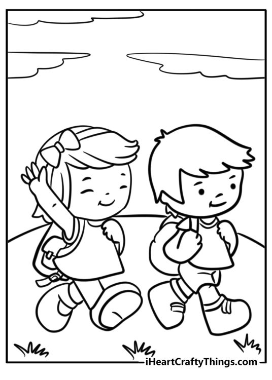 Best friends coloring sheet presenting two kids on a walk and one of them giving a friendly wave
