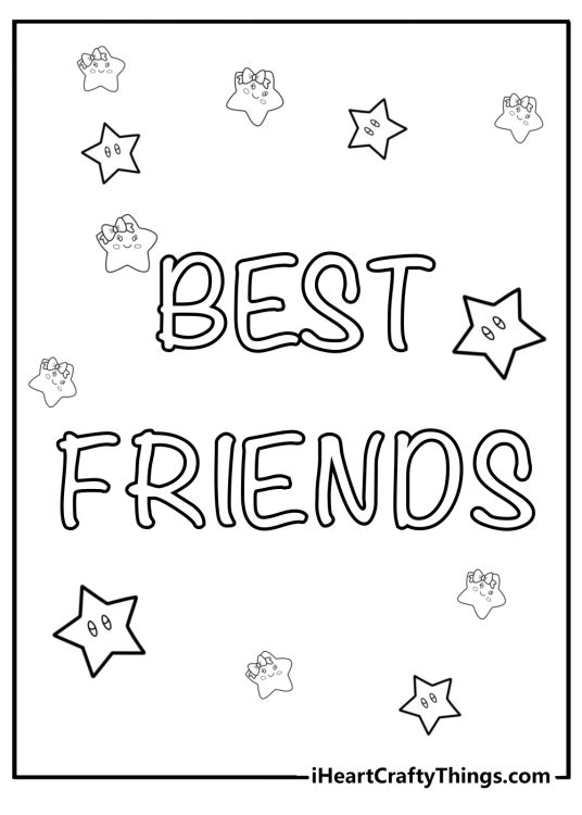 Printable coloring poster depicting words Best friends surrounded by cartoony stars