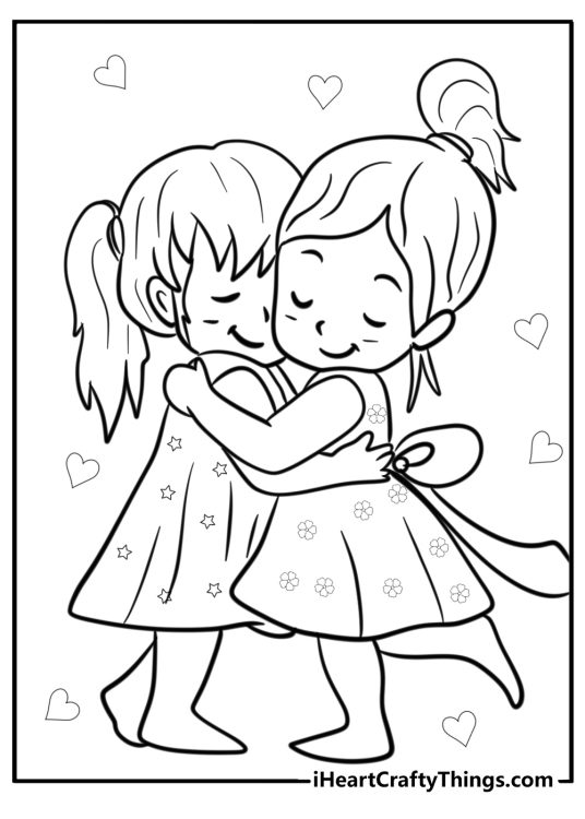 Coloring printable for children presenting two girls best friends sharing friendly a hug