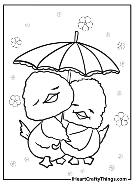 Free coloring picture for kids featuring two adorable duckling best friends sharing an umbrella together